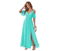 HUINI Chiffon Brautjungfernkleid Lang Kalte-Schulter Elegant Abendkleid A-Linie Ballkleid für Damen Türkis 38
