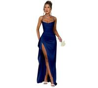 HUINI Damen Satin Ballkleider Lang mit Schlitz Meerjungfrau Hochzeitskleid Festliche Partykleid Navy Blau 38