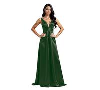 HUINI Glitzer Satin Ballkleid Lang V-Ausschnitt 2025 Abiballkleid Formales A-Linie Abendkleid Dunkel grün 38