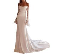 HUINI Hochzeitskleid für die Braut mit Spitzenapplikationen aus Satin Korsett Schulterfrei Meerjungfrau-Stil Brautkleid mit Schleppe Elfenbein 40