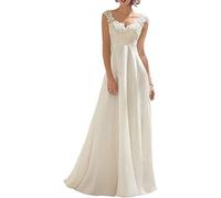 Huini Lang Brautkleid V-Ausschnitt Standesamt Hochzeitskleid für Damen Vintage Spitze Brautmode Maxikleid, AWUPBDKR, Elfenbein, 48