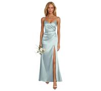 HUINI Satin Hochzeit Brautjungfernkleid mit Schlitz Lang Meerjungfrau Abiballkleid Ärmellos Türkisblau 38