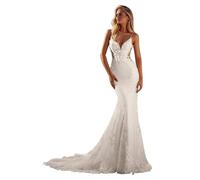 HUINI Spitzen Tüll Brautkleid mit Spaghettiträgern V-Ausschnitt Meerjungfrau Strand Hochzeitskleid für die Braut mit Schleppe Elfenbein 32