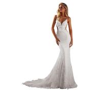 HUINI Spitzen Tüll Brautkleid mit Spaghettiträgern V-Ausschnitt Meerjungfrau Strand Hochzeitskleid für die Braut mit Schleppe Weiß 48