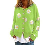 HULKAY Damen-Strickjacke, Blumendruck, langärmelig, V-Ausschnitt, Knopfleiste, gerippte Bündchen, gestrickt, bauchfrei, Xaa-Grün, S