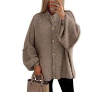 BTFONIA Damen Winter-Strickjacke mit Knopfleiste, Stehkragen, Laterne, langärmelig, grob gestrickte Jacke, Trendige Oberbekleidung(Khaki,XL)