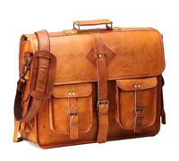 HULSH Klassische und einzigartige braune handgefertigte Leder-Kuriertasche für Herren, 43.2 cm (17 Zoll) Laptopfach, Hellbraun, Large