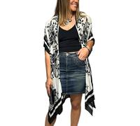 Humble Hilo Lange Kimono-Strickjacke für Damen, Strand-Abdeckung, lässig, lockere Drucke und Muster, Schwarz-weißer Blumenstrauß, One size fit most 38 wide by 37 long