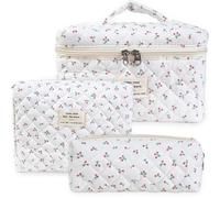 -Huoflame 3er Kosmetiktasche Set mit Kirschenmuster - Kulturtasche Damen, Kosmetiktasche klein, Federmäppchen, Make up Organizer, Schminktasche ästhetisch - Baumwolle Kulturbeutel für Reisen, Schule