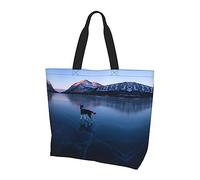 Husky Dog on a Frozen Lake Canvas Shoulder Tote Bag Women Reusable Grocery Shopping Bagg For Gym Sport Travel, Black, One Size