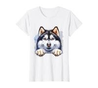 Husky Smiling Schlitten Hund Portrait Kultiges Wolfgesicht Welpe Preisgünstiges Grafik-T-Shirt, Damen, Weiß, S