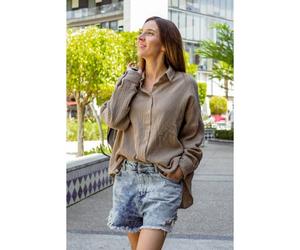 Hutch&Putch Musselin Oversize Bluse - Klassische Bluse - Langarmbluse aus 100% Bio-Baumwolle Taupe L