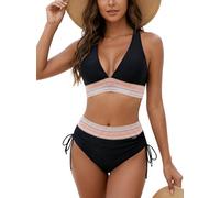 HUTRADE Bikini Damen Set Sexy Badeanzug Bademode Hohe Taille Farbblock Zweiteiliger Kordelzug Badeanzüge Bikinis für Frauen1