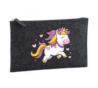 Huuraa Kulturbeutel Einhorn Comic Geschenk | Reise Kulturtasche 1 Liter Schminktasche Charcoal Filz Dunkelgrauer Kosmetiktasche Geschenkidee Kosmetikbeutel