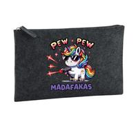 Huuraa Kulturbeutel Pew Pew Cooles Einhorn Geschenk | Reise Kulturtasche 1 Liter Schminktasche Charcoal Filz Dunkelgrauer Kosmetiktasche Geschenkidee Kosmetikbeutel