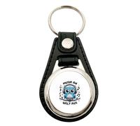 Huuraa Schlüsselanhänger Musik an Welt aus Eule Metall mit Kunstleder Schlüsselring Einkaufswagenchip Geschenkidee