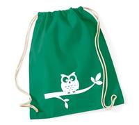 Huuraa Turnbeutel Eule auf Ast Comic Geschenk | Sportbeutel 12 Liter Kelly Green Baumwolle Grüner Rucksack Geschenkidee Unisex Beutel mit Kordelzug Baumwollbeutel