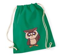Huuraa Turnbeutel Eule Comic Geschenk | Sportbeutel 12 Liter Kelly Green Baumwolle Grüner Rucksack Geschenkidee Unisex Beutel mit Kordelzug Baumwollbeutel