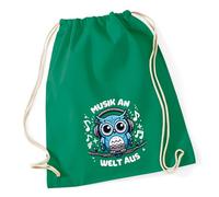 Huuraa Turnbeutel Musik an Welt aus Eule Geschenk | Sportbeutel 12 Liter Kelly Green Baumwolle Grüner Rucksack Geschenkidee Unisex Beutel mit Kordelzug Baumwollbeutel