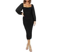 HUXRAKV Damen Langarm Kleider Party Cocktail Club Bodycon Kleid Quadratischer Hals Mesh Festliche Hochzeitsgast Abendkleider Slim Fit,WD46-Schwarz,XL