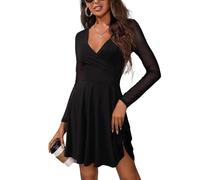 HUXRAKV Damen Partykleid Sexy Tief V-Ausschnitt Schlanke Mesh Spleißen Langarm Minikleid Elegantes Kleidchen Cocktailkleid,WD22-Schwarz 1,S