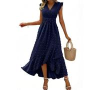 HUXRAKV Sommerkleid Damen Boho Kleid Lang 2026 Kleid Damen V-Ausschnitt Hohe Taille Rüschen Schlitz Für Strand Hochzeit Cocktail Party,Marineblau,L