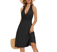 HUXRAKV Sommerkleide Damen V-Ausschnitt Ärmelloses Kleider Midi Blumenmuster Neckholder Freizeitkleider mit Taschen,35-Schwarz,L