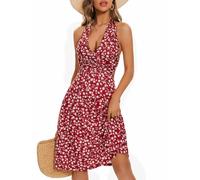 HUXRAKV Sommerkleide Damen V-Ausschnitt Ärmelloses Kleider Midi Blumenmuster Neckholder Freizeitkleider mit Taschen,35-Rot 2,XXL