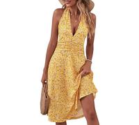 HUXRAKV Sommerkleide Damen V-Ausschnitt Ärmelloses Kleider Midi Blumenmuster Neckholder Freizeitkleider mit Taschen,35-Gelb,XXL