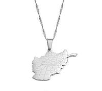 HUYUEXIN Afghanistan Karte Anhänger Halskette - Städte Name Land Umriss Hip-Hop Schmuck, Afghanischer Mode Charme Ethnische Wasserwellenkette, Partygeschenk Für Frauen/Mädchen/Männer Unisex,Silber,17