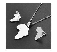 HUYUEXIN Afrika Karte Halskette Ohrringe Sets - Country Umriss Hip-Hop Schmuck, Polieren Mode Charme Ethnische Kette, Frauen/Mädchen/Männer Unisex,Silber,17,71 Zoll (45 cm)