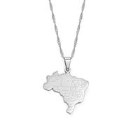 HUYUEXIN Brasilien Karte Anhänger Halskette - Country Umriss Ethnischer Stil Hip-Hop Schmuck, Stadt Name Druck Charm Dünne Kette, Frauen/Mädchen/Männer Unisex,Silber,17,71