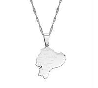 HUYUEXIN Ecuador Karte Anhänger Halskette - Country Umriss Ethnischer Stil Hip-Hop Schmuck, Städte Namensdruck Charm Wasserwellenkette, Frauen/Mädchen/Männer Unisex,Silber,