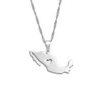 HUYUEXIN Mexiko Karte Anhänger Halskette - Country Umriss Ethnischer Stil Hip-Hop Schmuck, Herz Hohler Charme Wasserwellenkette, Frauen/Mädchen/Männer Unisex,Silber,17,71 Zo