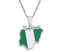 HUYUEXIN Nigeria Karte Anhänger Halskette - Farbflagge Hip-Hop Polierschmuck, Ländername Nigerianischer Modecharme Ethnische Kette, Frauen/Mädchen/Männer Unisex,Silber,17,7