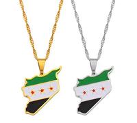 HUYUEXIN Syrien Karte Anhänger Halskette - Country Umriss Ethnischer Stil Hip-Hop Schmuck, Farbe Flaggendruck Charm Dünne Kette, Frauen/Mädchen/Männer Unisex,2 Stück,17,71