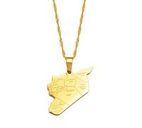 HUYUEXIN Syrien Karte Anhänger Halskette - Country Umriss Ethnischer Stil Hip-Hop Schmuck, Stadt Name Druck Charm Dünne Kette, Frauen/Mädchen/Männer Unisex,Golden,17,7