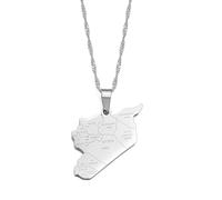 HUYUEXIN Syrien Karte Anhänger Halskette - Country Umriss Ethnischer Stil Hip-Hop Schmuck, Stadt Name Druck Charm Dünne Kette, Frauen/Mädchen/Männer Unisex,Silber,17,7