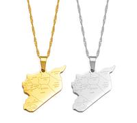 HUYUEXIN Syrien Karte Anhänger Halskette - Country Umriss Ethnischer Stil Hip-Hop Schmuck, Stadt Name Druck Charm Dünne Kette, Frauen/Mädchen/Männer Unisex,2 Stück,17