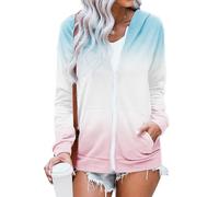 HVEPUO Damen Batik Zip Up Hoodie Bedrucken Farbverlauf Y2k Kapuzenjacke Hellpink Hellblau XXL