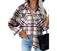 HVEPUO Damen Hemd Kariert Jacke Hemdjacke Knöpfen Langarm Bluse College Y2K Oberteile Karo Shacket Mantel Flanellhemd Frauen Holzfällerjacke Mit Brusttaschen Rosa XXL