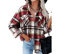 HVEPUO Damen Hemdjacke Karierte Jacke Knöpfe Oversized Übergangsjacke Mit Karomuster Taschen Hemdjacken Für Damen Langarm Hemd Rot S