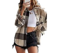 HVEPUO Damen Shacket Bluse Elegant Karohemd Holzfällerhemd Holzfäller Jacke Hemdjacke Kariert Herbst Mode Hemden Khaki XS