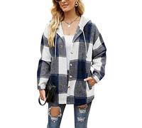 HVEPUO Flanellhemd Damen Kariert mit Kapuze Hemdjacke Knöpfen Langarm Hoodie Shacket Frauen Karierte Jacke Holzfällerjacke Mit Brusttaschen Dunkelblau L