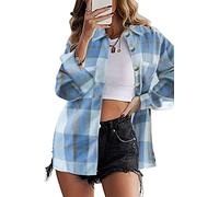 HVEPUO Hemdjacke Damen Karierte Jacke Knopf Filz Langarm Holzfällerhemd Tailliert Hellblau Frauen Jacken Elegant Karo Herbst Mode Flanell Shacket Blau L
