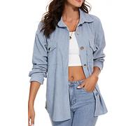HVEPUO Herbstjacke Damen Cordhemden mit Knopfleiste und Langen Ärmeln Cord Hemd Tops Blau XXL