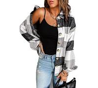 HVEPUO Karierte Jacke Damen Hemdjacke Knöpfen Langarm Bluse College Jacke Y2K Oberteile Karo Shacket Mantel Flanellhemd Frauen Holzfällerjacke Mit Brusttaschen Grau XXL