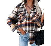 HVEPUO Teenager Mädchen Oversize Hemdjacke Kariertes Knöpfen Langarm Bluse College Jacke Damen Y2K Oberteile Karo Shacket Mantel Flanellhemd Frauen Holzfällerjacke Mit Brusttaschen Orange XL