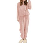 Hveuluop Gieen Damen-Pyjama-Set aus Korallenfleece - Langärmliges Oberteil mit Rundhalsausschnitt und Hose, elastisches Hausanzug-Set aus Korallensamt in Einheitsgröße für Herbst und Winter.