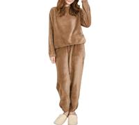 Hveuluop Gieen Damen-Pyjama-Set aus Korallenfleece - Langärmliges Oberteil mit Rundhalsausschnitt und Hose, elastisches Hausanzug-Set aus Korallensamt in Einheitsgröße für Herbst und Winter.